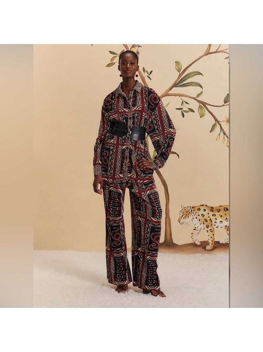 Farm Rio Black Snake Scarves Pleated Pants